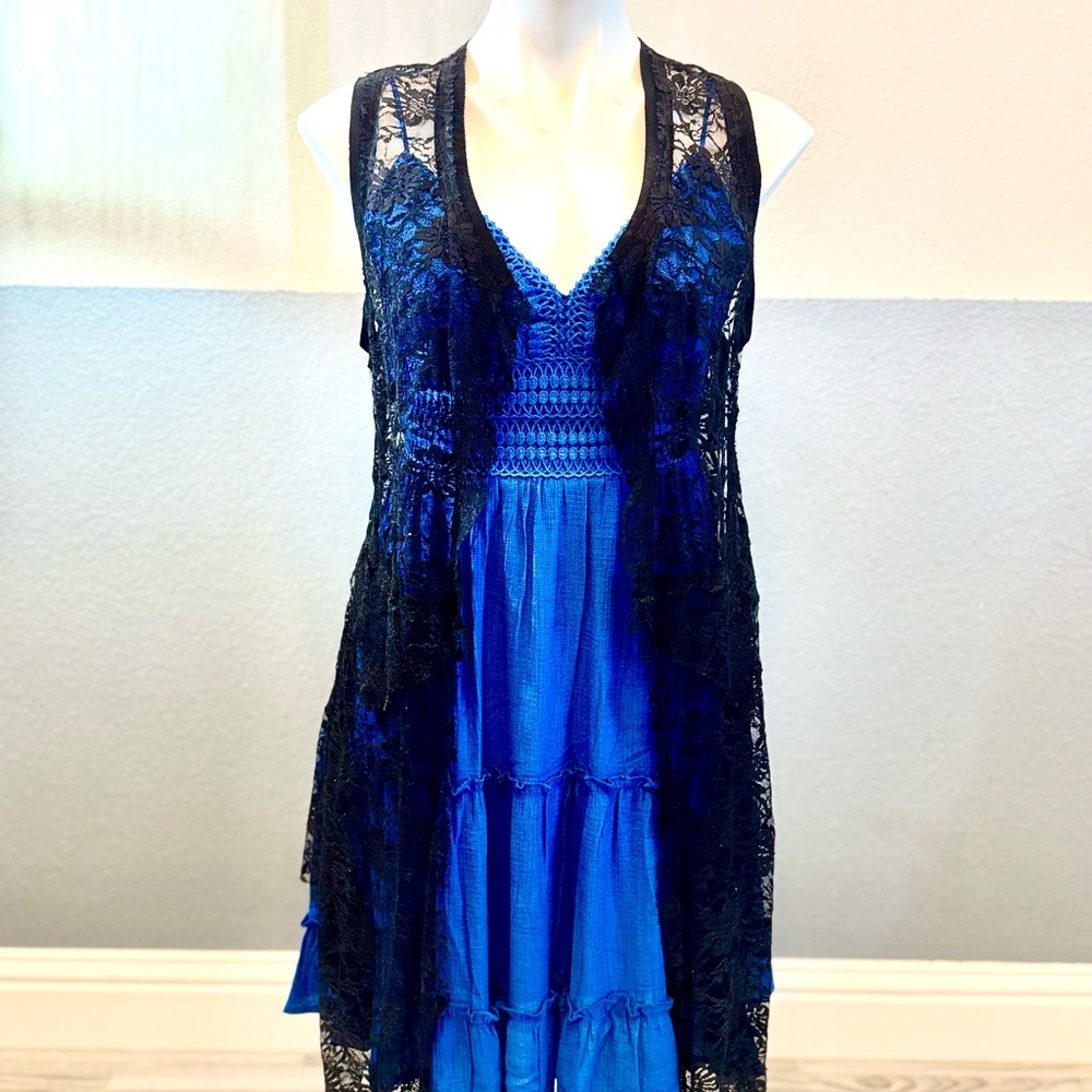 Love Tree Blue Maxi Dress with Black Lace Overlay by vocal cute for any occasion